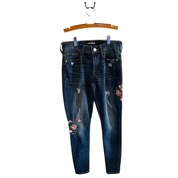 Express Womens Distressed Floral Embroidered Skinny Legging Jeans Size 0 Cotton - Picture 8 of 16